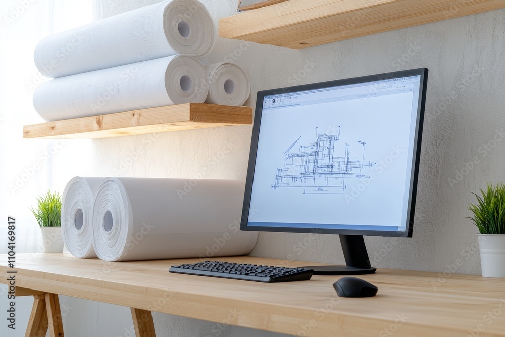 Poster A well-lit modern office with blueprint rolls neatly stacked on shelves and a computer displaying CAD designs