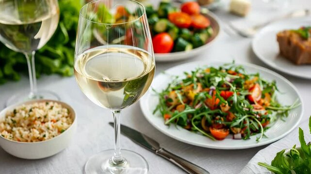 A table set with a vibrant salad, glass of white wine, and gourmet steak dinner, ideal for Easter or anniversary celebrations