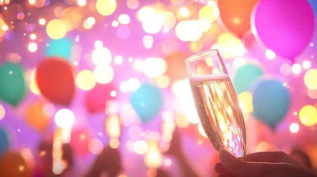 Single glass held high in festive colorful celebration