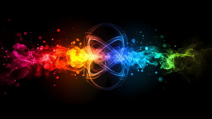 A symbolic image of atoms colliding, emitting colorful light bursts. Symbolic. Illustration