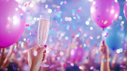 Single champagne glass amid vibrant party atmosphere.