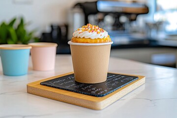 A whimsical watercolor of a blackboard menu in a cafe, surrounded by pastel-colored cups and pastries - Powered by Adobe