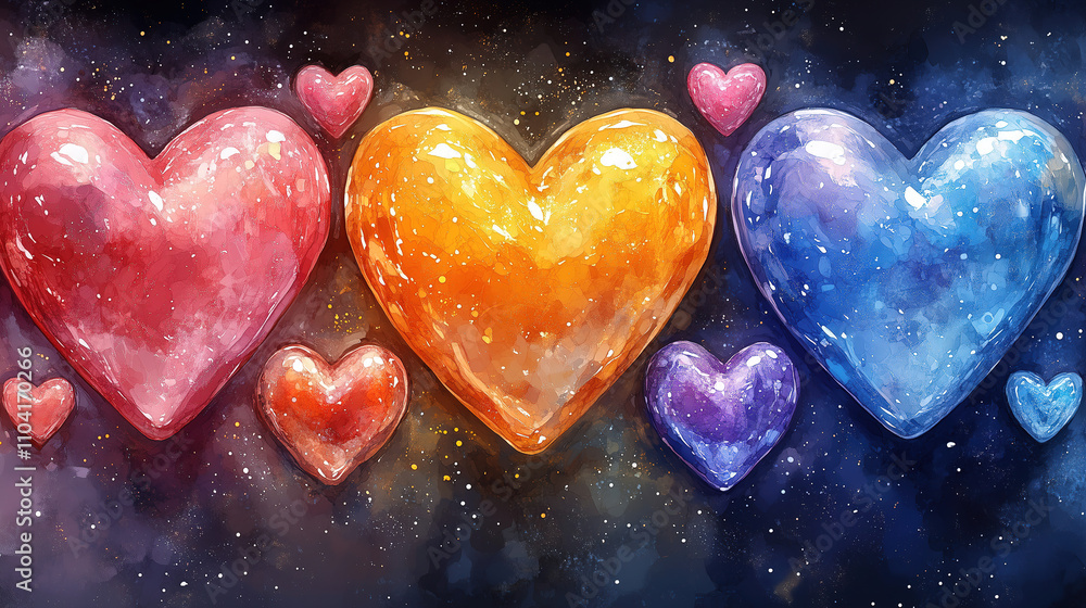 Poster brightly colored hearts in various sizes create a vibrant and joyful display against a starry backgr