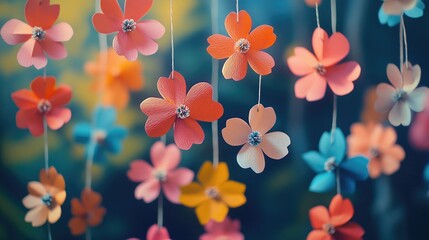 A bunch of paper flowers hanging from strings
