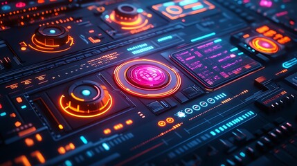 Obraz premium Futuristic control panel with glowing buttons and screens, suggesting advanced technology.