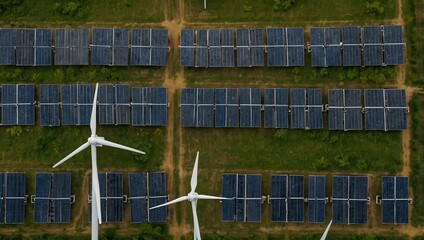 Aerial view of solar panels and wind turbines.
