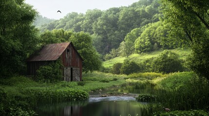Obraz premium Serene Countryside Landscape with Weathered Red Barn and Lush Green Hills - Ultra-Detailed Photorealistic Scene with Tranquil Stream and Birds Chirping