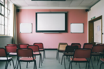 A classroom setting with empty chairs facing a blank screen and whiteboards.