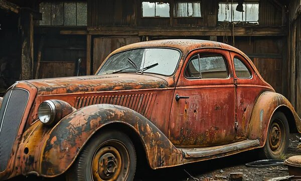 An old, rusty car sits abandoned in a dilapidated garage, showcasing decay and nostalgia.