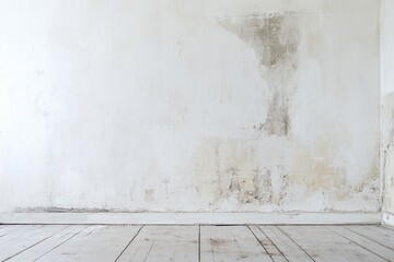 Fototapeta premium A white wall with a gray patch of mold, and wooden floorboards.