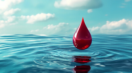 A symbolic red drop merging with the ocean, representing widespread impact. Symbolic. Illustration
