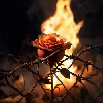 rose wrapped in barbed wire fence and the fire burning behind