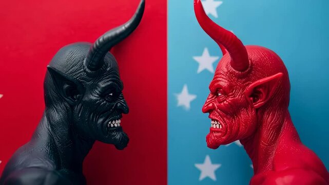 Two demonic figures face off against contrasting red and blue backgrounds, symbolizing conflict and duality, relevant to Halloween and fantasy themes