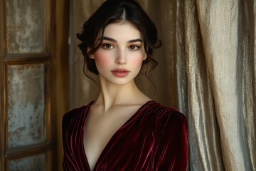 Fototapeta premium A portrait of a young woman in a velvet dress, set against a soft backdrop.
