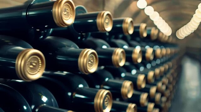 Rows of wine bottles in a dimly lit cellar evoke luxury and celebration holidays