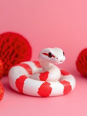 Fototapeta premium front view of a white and red snake on a pink isolated background.Symbol of Chinese New Year 2025. For banner, design, horoscope, social media, presentation, sale, promo, linkedin, mockup