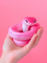 Fototapeta premium front view of a pink snake in hand on a pink isolated background.Symbol of Chinese New Year 2025. For banner, design, horoscope, social media, presentation, sale, promo, linkedin, mockup