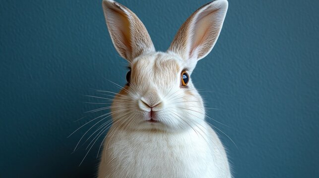 Close-up of a curious, cream-colored rabbit facing forward against a teal background. - Powered by Adobe