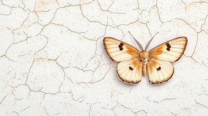 A beautiful moth perched on a cracked, textured surface, showcasing delicate patterns and colors, symbolizing nature's elegance and fragility.