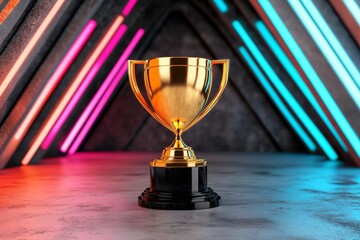 Futuristic business accomplishment theme with a trophy and target highlighted by luminous tech elements and vibrant colors on a sleek backdrop