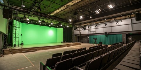 Vintage Style Photography of an Empty Contemporary Film Studio with Green Screen - Cinematography Environment, Film Studio Design, Photography Location, Green Screen Background