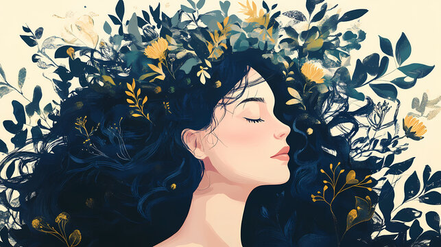 A woman fulfilling herself by doing things that grow the soul. Symbolic. Illustration