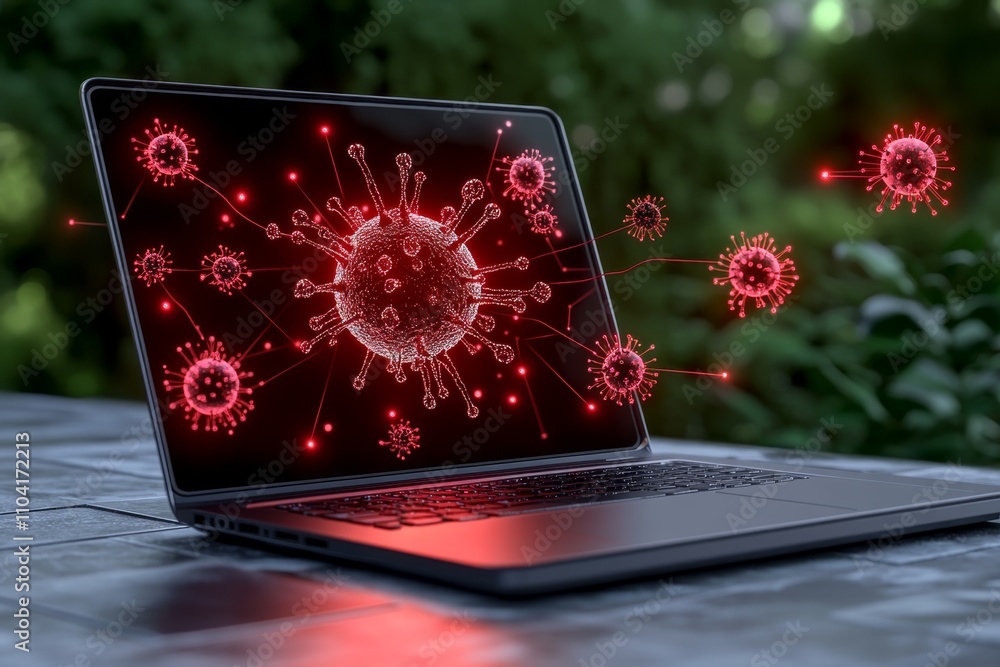Poster Laptop screen with a glowing red alert for a phishing attempt, surrounded by antivirus protection icons and secure encryption status
