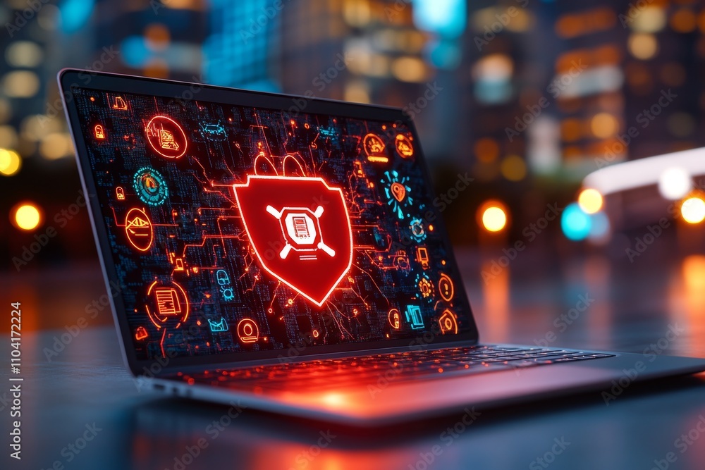 Aufkleber laptop screen with a glowing red alert for a phishing attempt, surrounded by antivirus protection ic