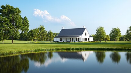 Obraz premium Serene White Barn in Lush Green Pasture with Reflective Pond, Ultra-Detail Photo Realism