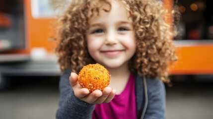 Naklejka premium Happy Child Holding a Golden Snack Ball in Front of a Food Truck with Cheerful Expression and Curly Hair in a Vibrant Outdoor Setting