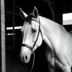 Gray scale shot of a beautiful horse in the barn