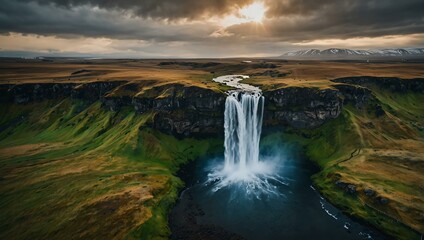 Aerial view of the Seljalandsfoss waterfall in Iceland.