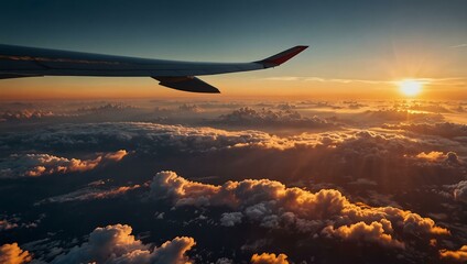 Fototapeta premium Aerial view of the sky and sunset from an airplane.
