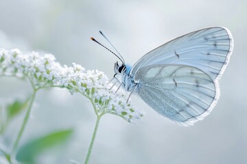 A butterfly perches on a pure white flower, its delicate wings spread open