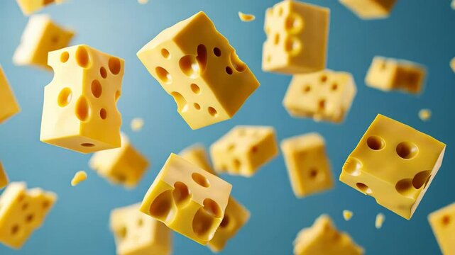 Floating Swiss cheese cubes on blue background, perfect for culinary themes or Cheese Day celebrations