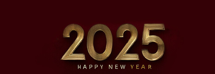 golden metallic 2025 numbers and text happy new year  on red background