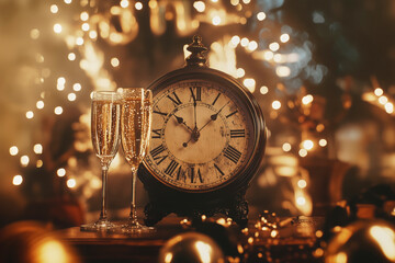 A festive New Year celebration scene with a large antique clock showing the time, fireworks lighting up the sky, and two elegant champagne flutes 001