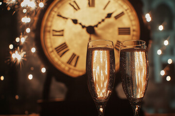 A festive New Year celebration scene with a large antique clock showing the time, fireworks lighting up the sky, and two elegant champagne flutes 