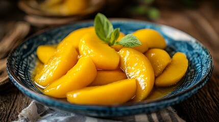 A bowl of sweet, glazed peach slices garnished with a mint leaf.