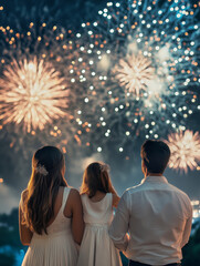 image of a family of four dressed in fine clothing at night watching a lively and colorful fireworks display in the sky