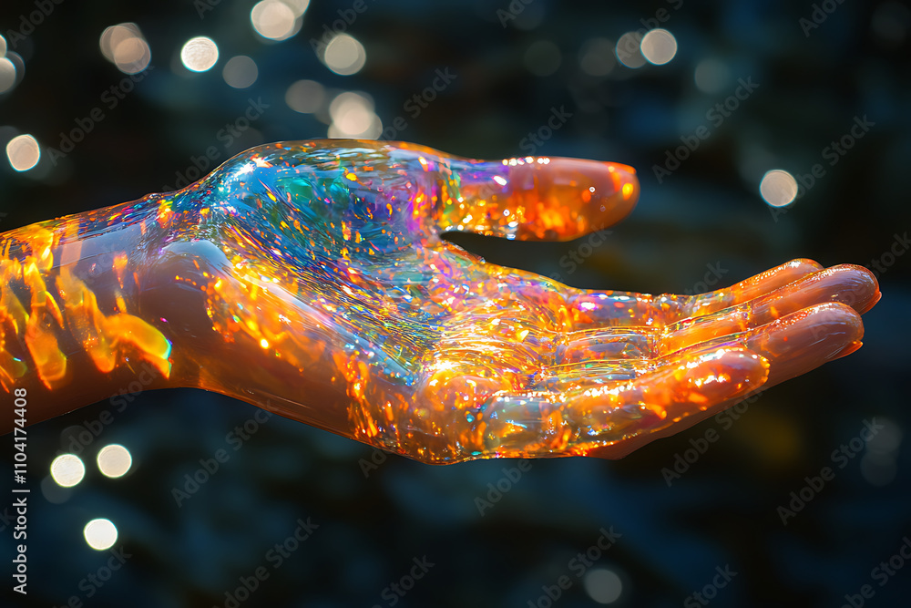 Poster glowing hands showing off psychedelic colored light patterns.