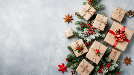 Gift boxes, fir or pine branches and cones laid out on a light gray background, top view. New Year or Christmas background. Gifts in gift wrapping on a light background. Holiday concept