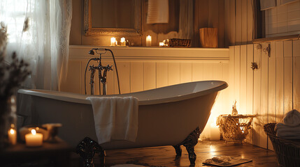 Vintage bathroom with clawfoot tub and elegant fixtures creating a cozy atmosphere with soft lighting and candles
