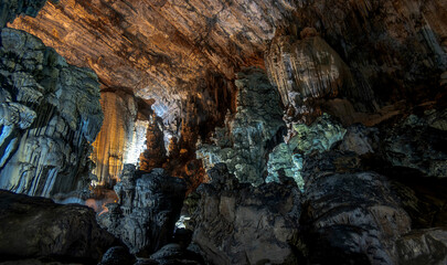 Cave formations illuminated within Grutas de Cacahuamilpa National Park in Mexico
