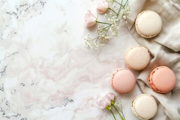 Fototapeta premium A stylish arrangement of macarons and flowers on a marble surface for a dessert presentation.