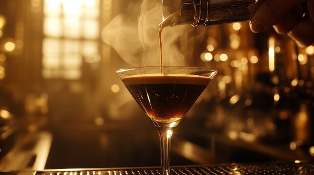 Barista Crafted Espresso Martini. A skilled barista pours a stream of espresso