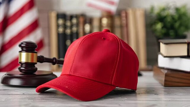 A red baseball cap on a desk with a gavel and American flag in the background, symbolizing patriotism and justice