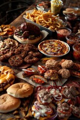 A variety of foods presented on a table, great for use in articles about cuisine or as a background element