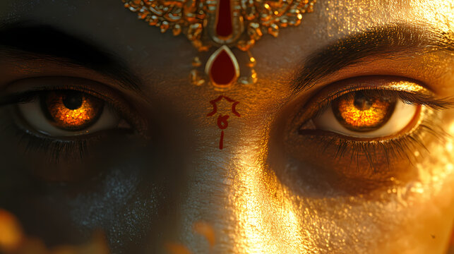 A close-up of ganeshas face, with a soft divine light reflecting on his peaceful expression, focusing on his eyes and symbolic markings. Symbolic. Illustration
