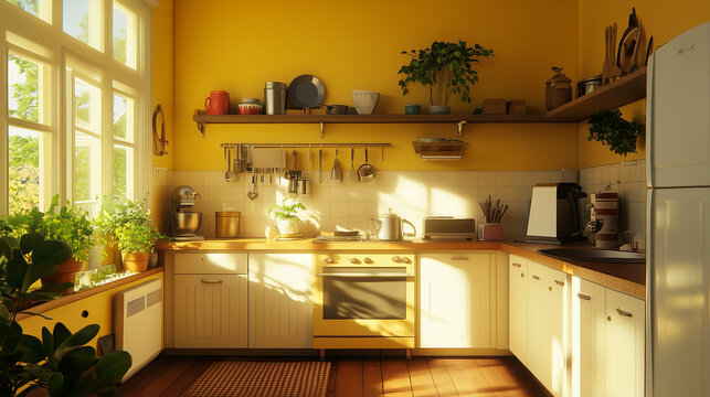 A cozy middle-class kitchen filled with sunlight, plants, and cooking essentials during a sunny morning. Generative AI